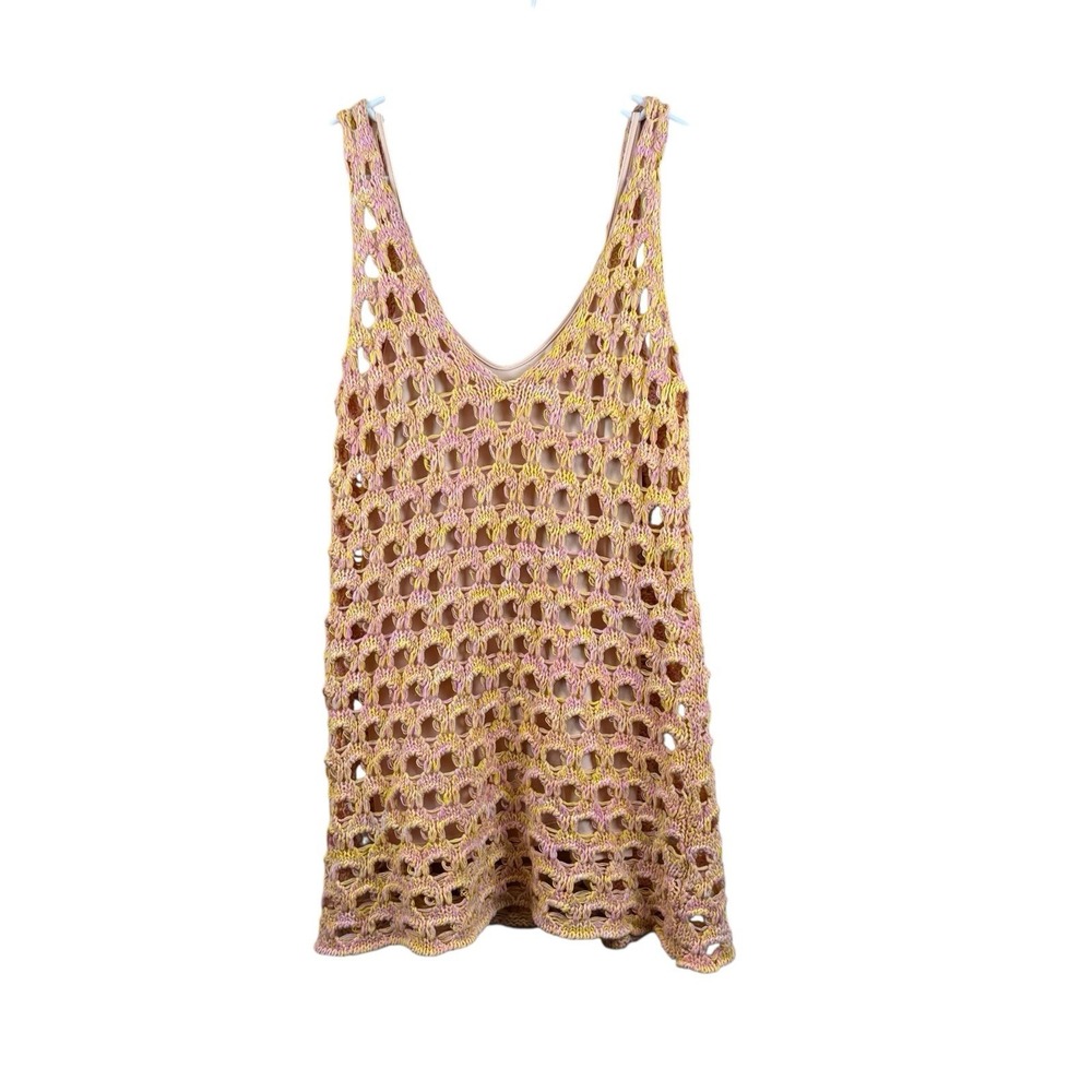 NIA Crochet Mini Dress Coverup Yellow Pink with Liner EUC Size L